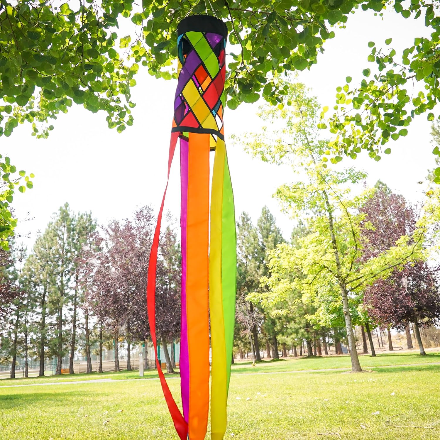 In the Breeze 5210 — Fiesta Diagonal Weave 60" Windsock — Colorful Lattice Windsock with Color-Coordinated Tails