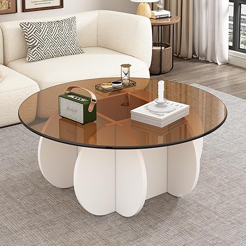 Miniatura 4 de Mesa de café de vidrio, diseño moderno de mediados de siglo, mesas de café redondas modernas de vidrio templado de 31.5'' para sala de estar, mesa