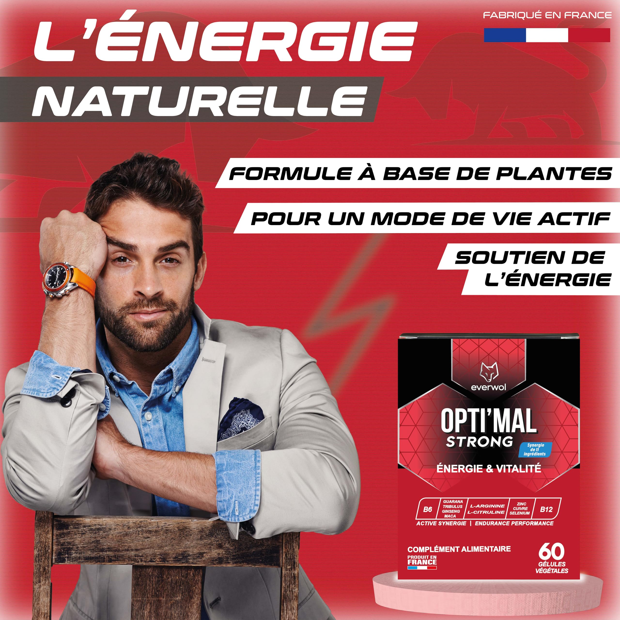 OPTI'MAL STRONG – Complément Alimentaire Homme – Énergie & Vitalité – Ginseng, Maca, Guarana, Zinc & Vitamines – Soutien de la Forme & de l’Endurance – 60 Gélules – EVERWOL