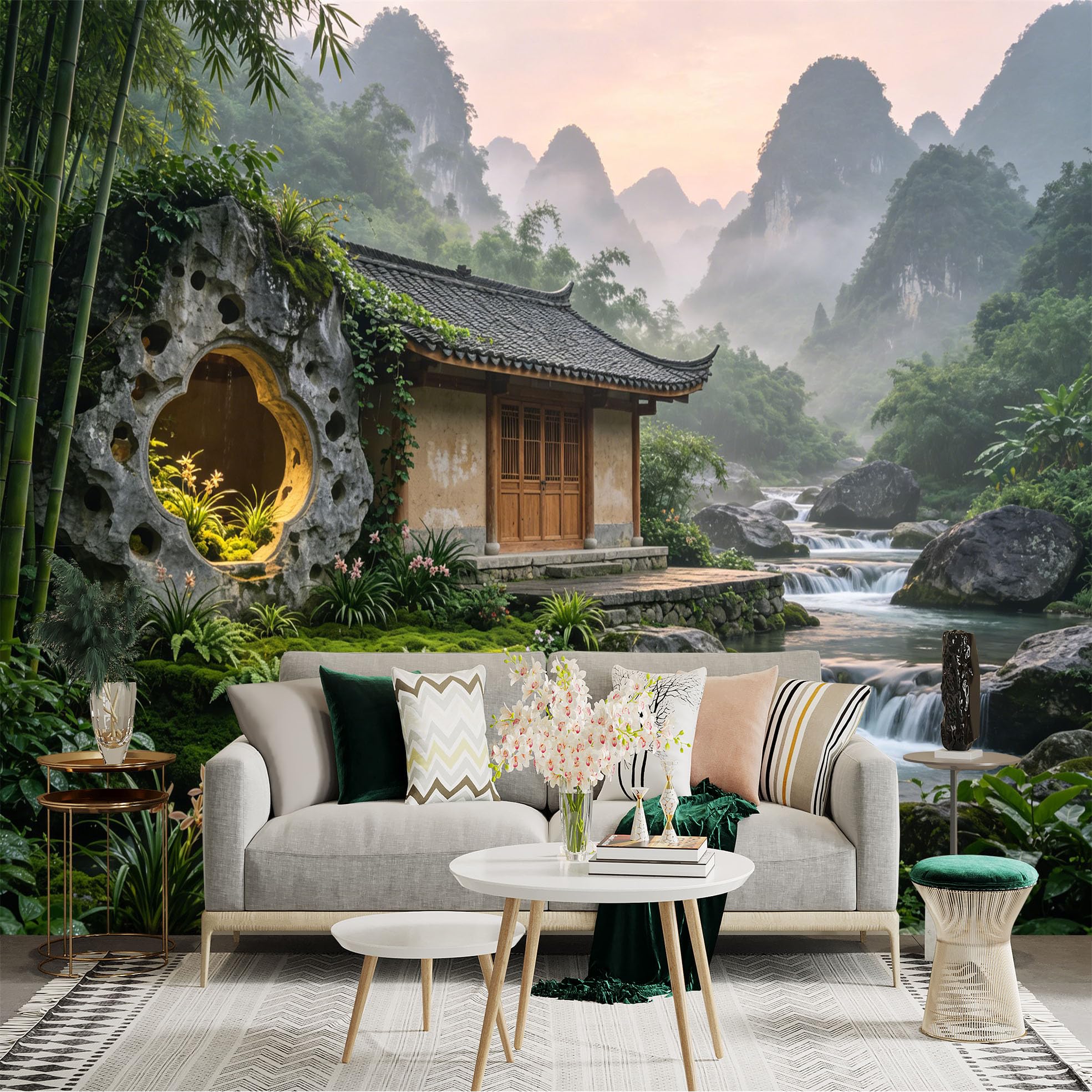 Custom Size Wall Sticker Mural， Zen Garden House with Bamboo， Waterfall and Misty Mountains， for wall Decoration， peelandstick wall Decals.