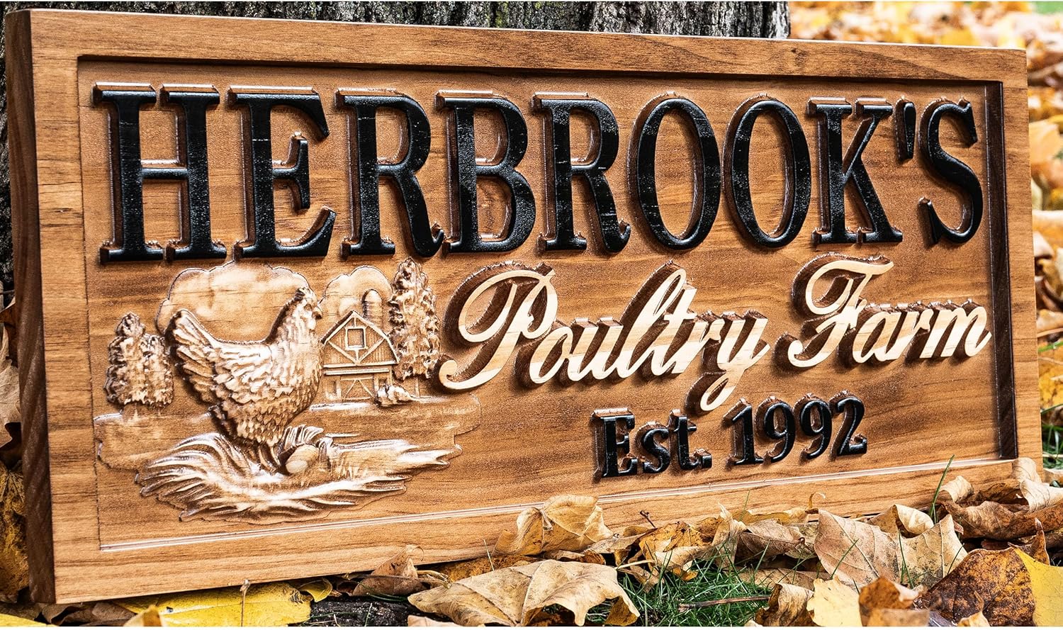 Personalized Chicken Farmhouse Sign Wood Wedding Gift Wooden Farmhouse Decor Family Name Sign Couple Established Hen Custom Carved Farm Sign
