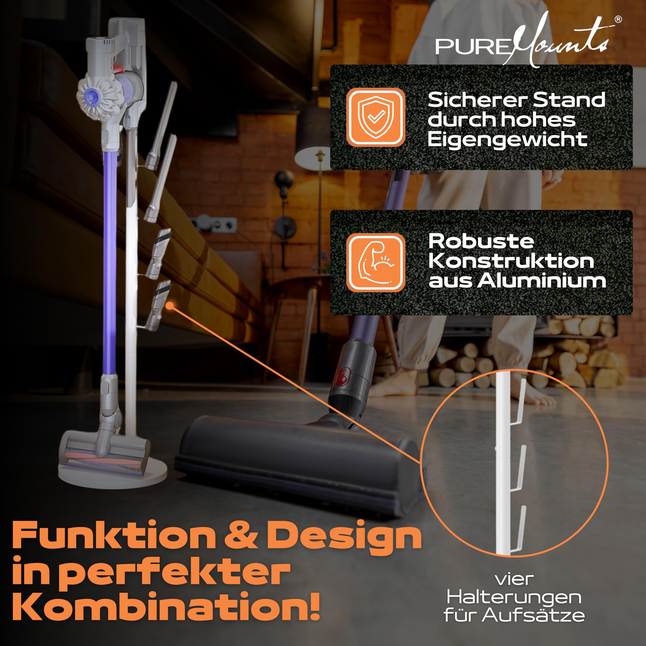 PureMounts Soporte de aspiradora universal compatible con Dyson, Philips, Samsung, Bosch, Miele, Anyson, Xiaomi, soporte de suelo, soporte de accesorios, blanco