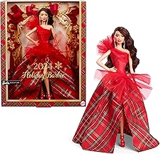 Barbie Signature 2024 Holiday Dolls, Seasonal Collector Gift, Plaid Gown with Red Bow, Displayable Packaging, Dark Brown Hair