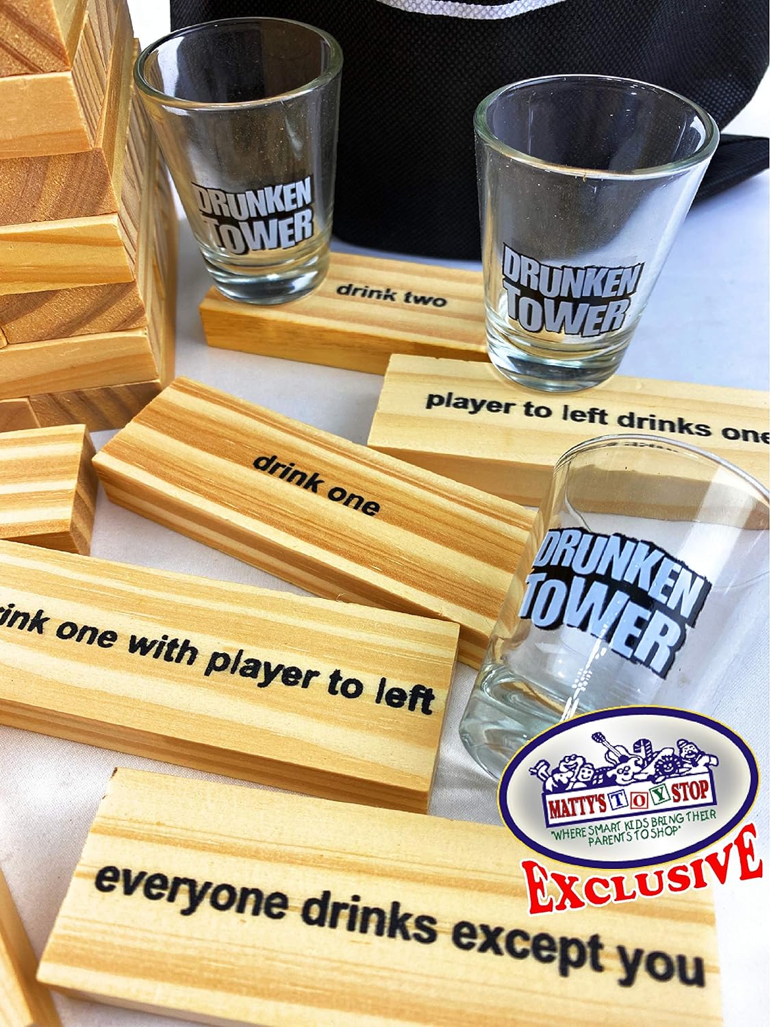 Mɑtty's Toy Stop Deluxe 60pc XL Wood Drunken Tower The Grab A Piece Drinking Game with Shot Glasses & Storage Bag
