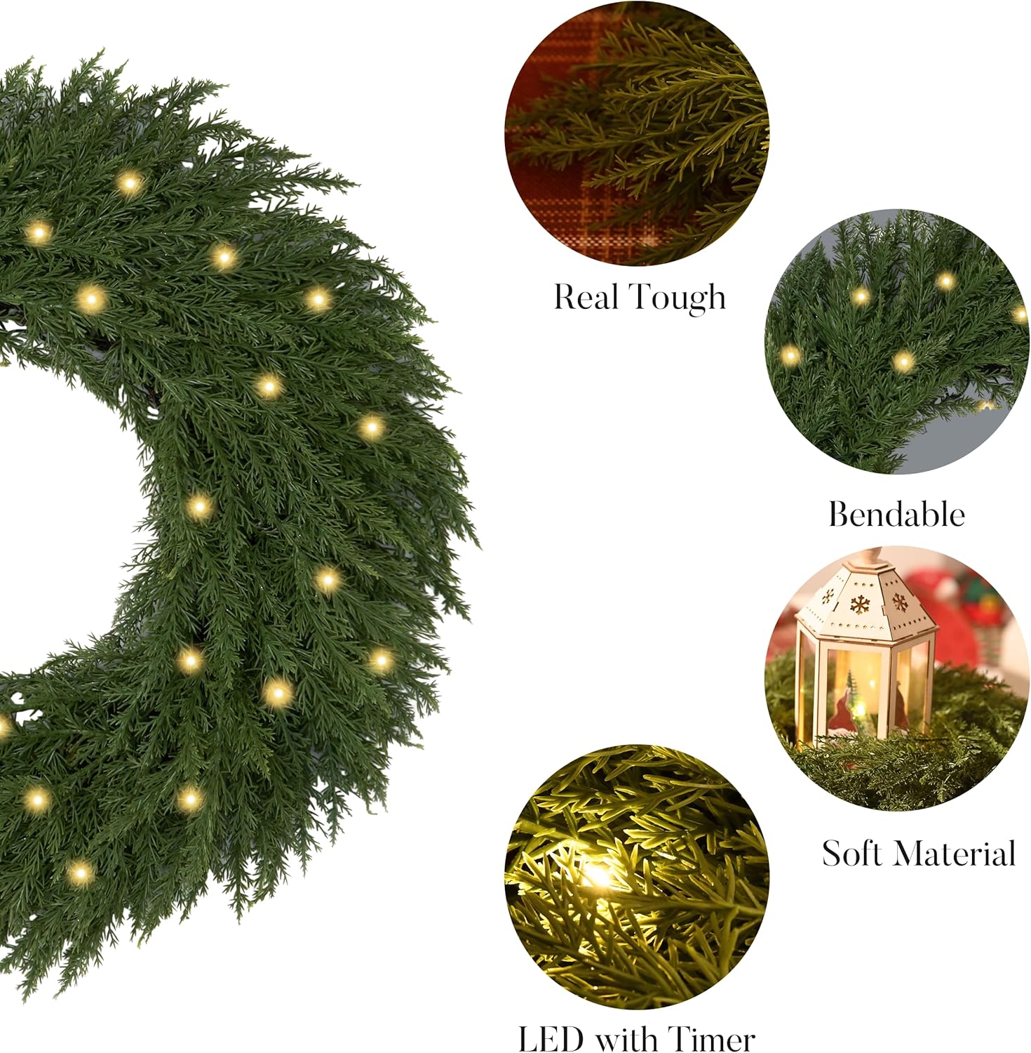 Valery Madelyn 24'' Real Tough Christmas Wreath for front door, Artificial Green Fall Cedar Norfolk Pine Wreath with Light, Greenery Realistic Wreath for Fireplace Table Centerpiece Holiday Home Decor