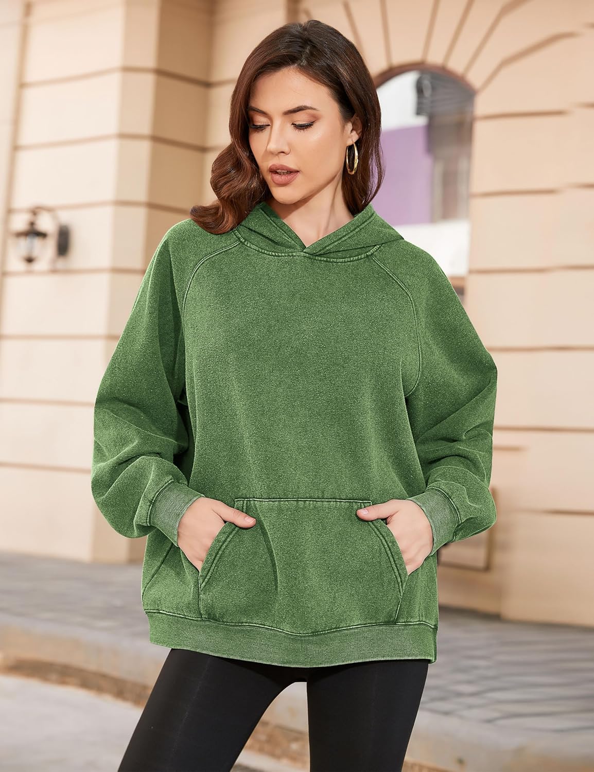 Lauweion Women Solid Basic Fleece Letter Loose Hoodie Sweatshirt Long Sleeve Kangaroo Pocket Drop Shoulder Pullovers Top - Image 3