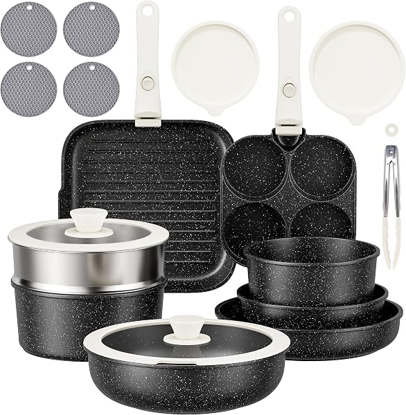 RIOVARM Induction Batterie de cuisine avec Poignées Détachables, Antiadhésive Sets de poêles et casseroles avec Couvercles, Poêle à frire Sans PFOA Poêles à griller Poêle à steak Poêles à omelette - 1