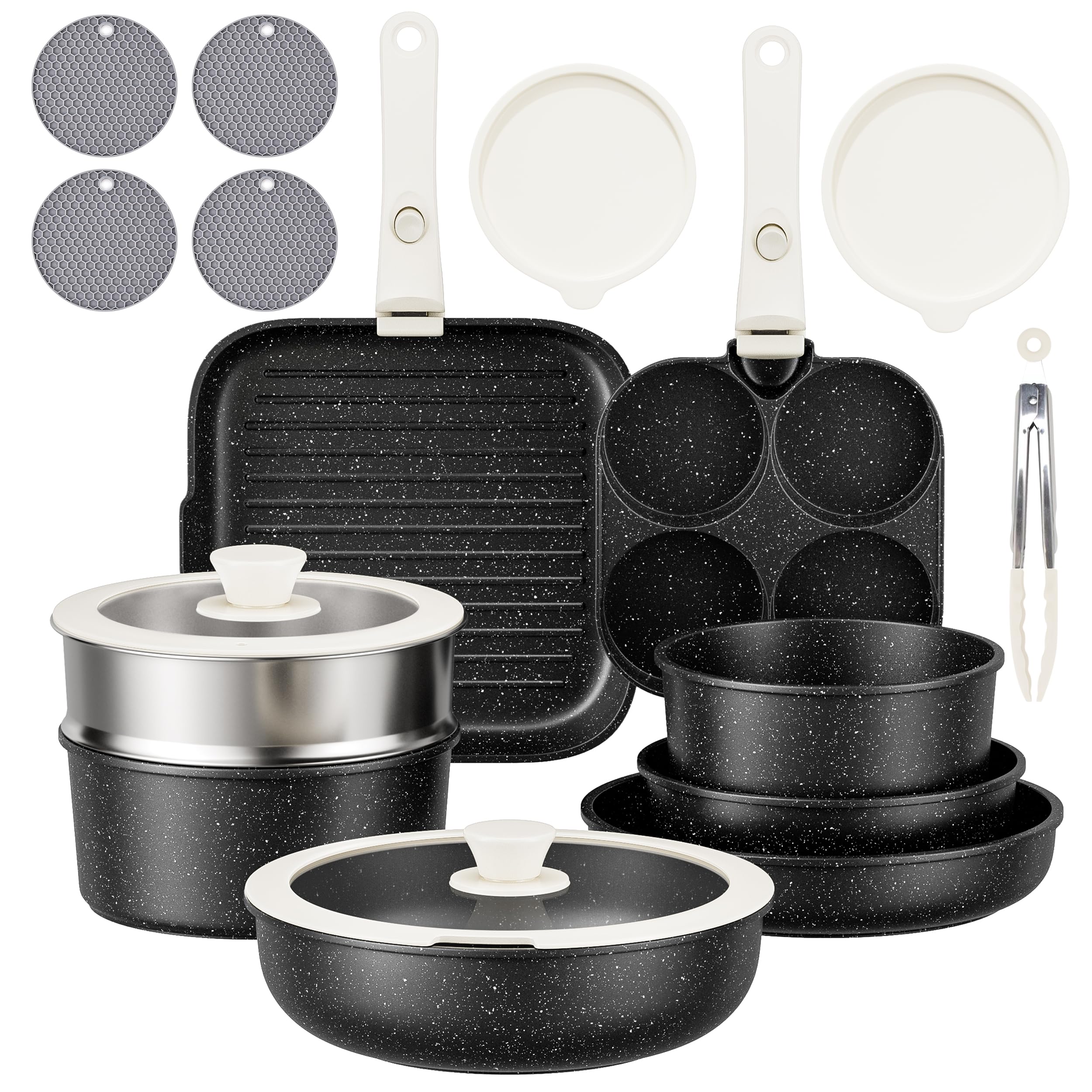 RIOVARM Induzione Set di pentole e padelle con manici staccabili, Antiaderente Padelle grill, Impilabile Casseruole con coperchi, Padella per omelette Senza PFOA, per tutti i tipi di fornelli