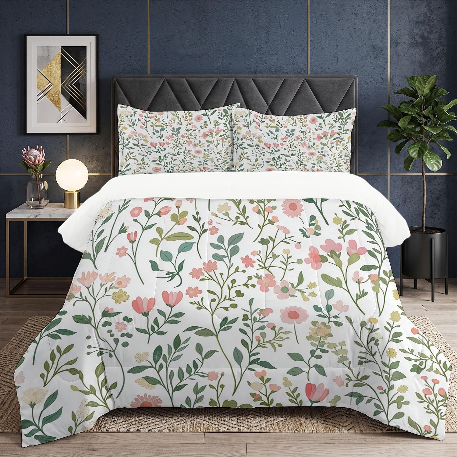 Fresh and Pastoral Comforter Set Queen Size, Wildflowers and Leaves Bedding Set for Girls Boys, Light Pink Quilt Bed 90"X90" Bedding Comforter Sets with 2 Pillowcase Room Decor