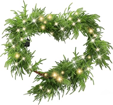 6 Ft Christmas Norfolk Pine Garland with 100 LED Lights, Dense Norfolk Pine Real Touch Garland, Artificial Greenery Garlands for Christmas Holiday Mantle Fireplace Table Home Decor Xmas