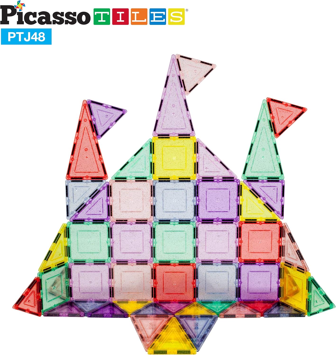 PicassoTiles Magnetic Tiles Blocks Magnet Tile Magnets Building Blocks Construction Toy Set with Reflective Leaf Flakes Magnetic Building Tiles Toys STEM Learning Kit Stacking Block Playset PTJ48