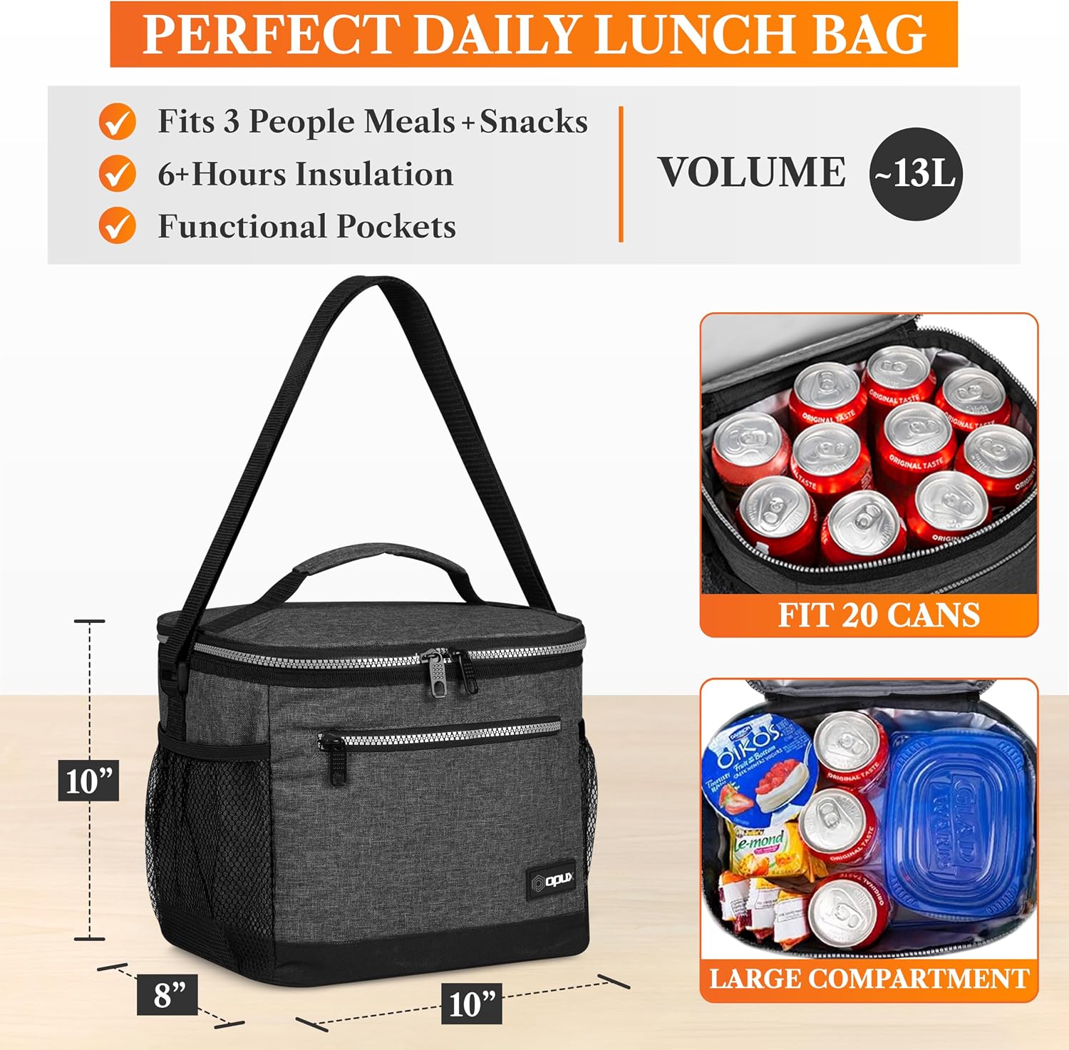 opux Insulated Lunch Bag for Men Women, Leakproof Large Lunch Box, Charcoal image 2