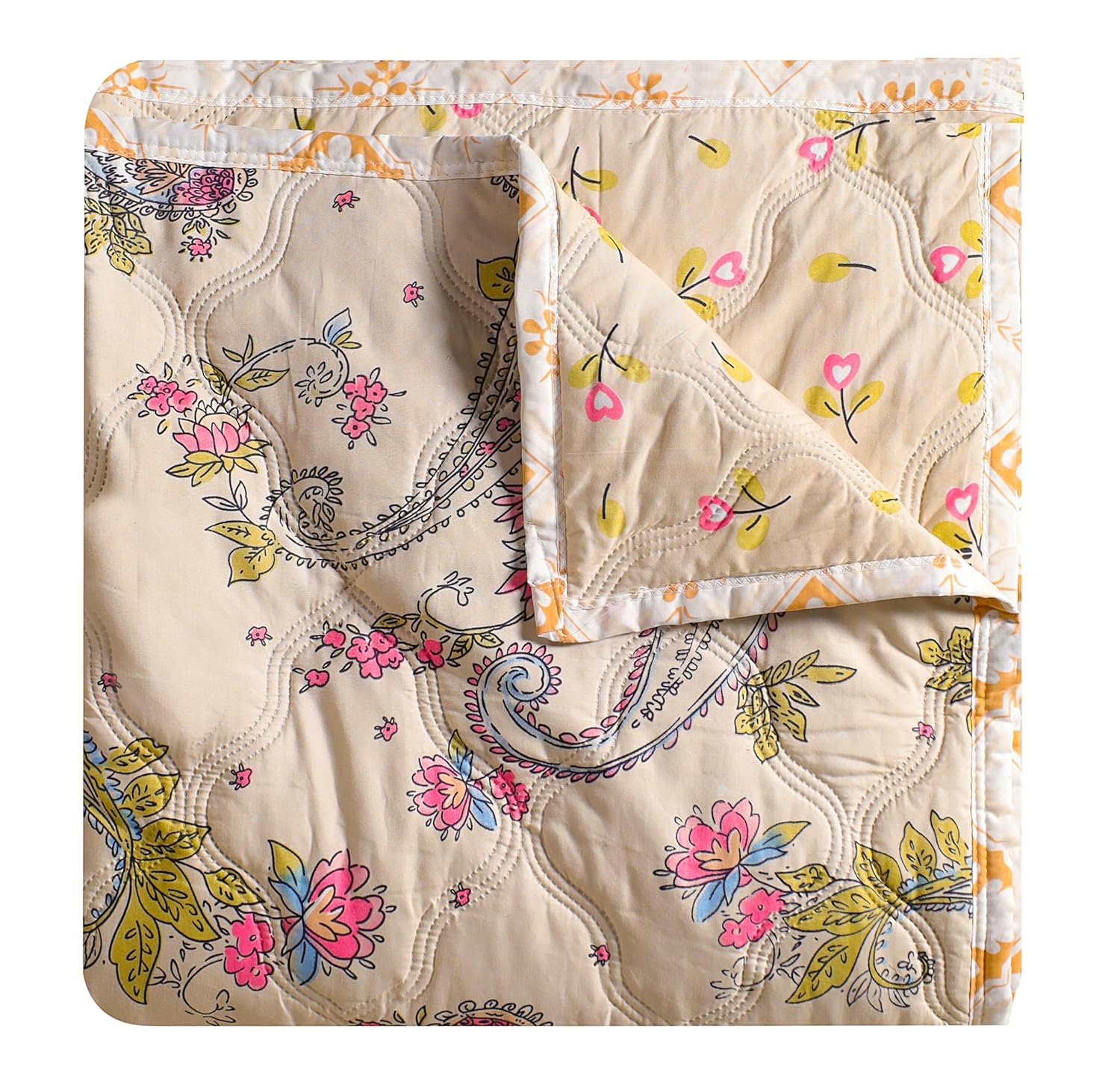 Fancy Walas Dohar Double Bed 100% Cotton Blankets for Summer | 90x100inch, 150GSM Ac Comforter and Cooling Blankets for Summer | Cream Color Curry | Classic Printed Design | Quilt | Ideal for Gifting