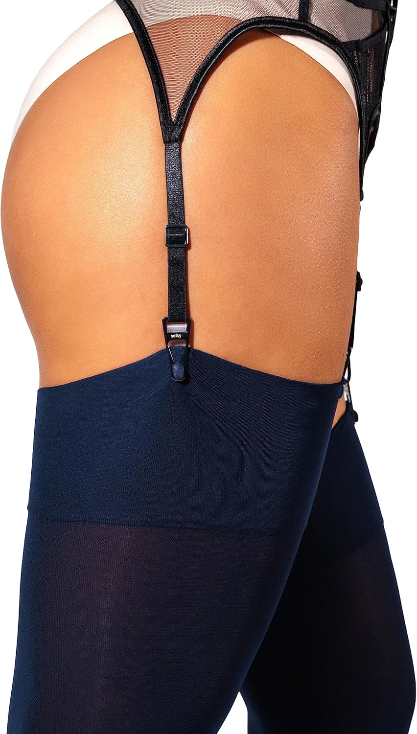 sofsy Thigh High Stockings for Garter Belt Nylon Pantyhose | 60 DEN [Made in Italy] (Garter Belt Not Included) X-Large Navy Stockings