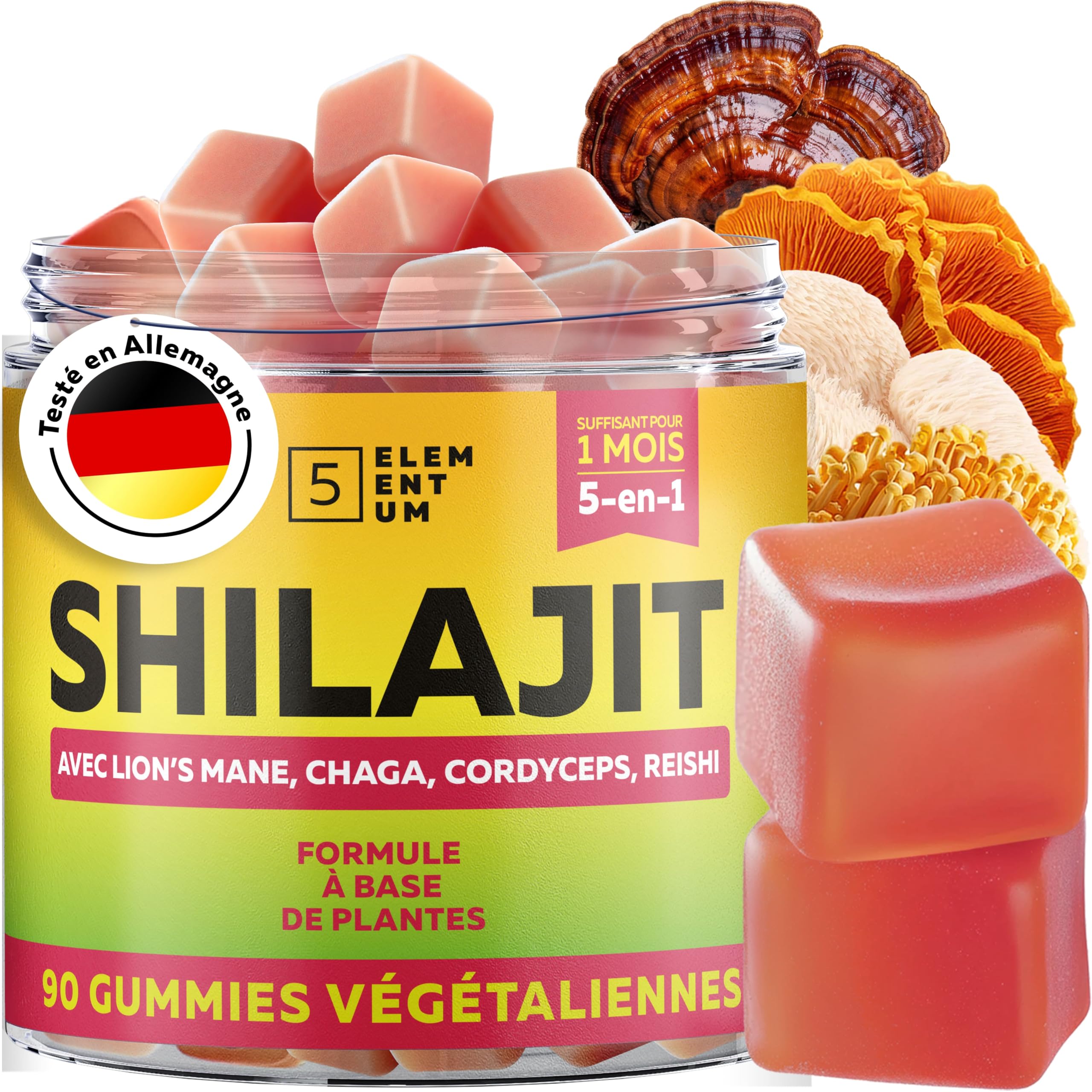 Shilajit Gummies Pure Himalaya – 90 Gommes au Goût Pastèque – 2200 mg avec Reishi, Crinière de Lion, Chaga & Cordyceps – Sans Sucre, Vegan, Naturelles – Shilajit Original du Tibet