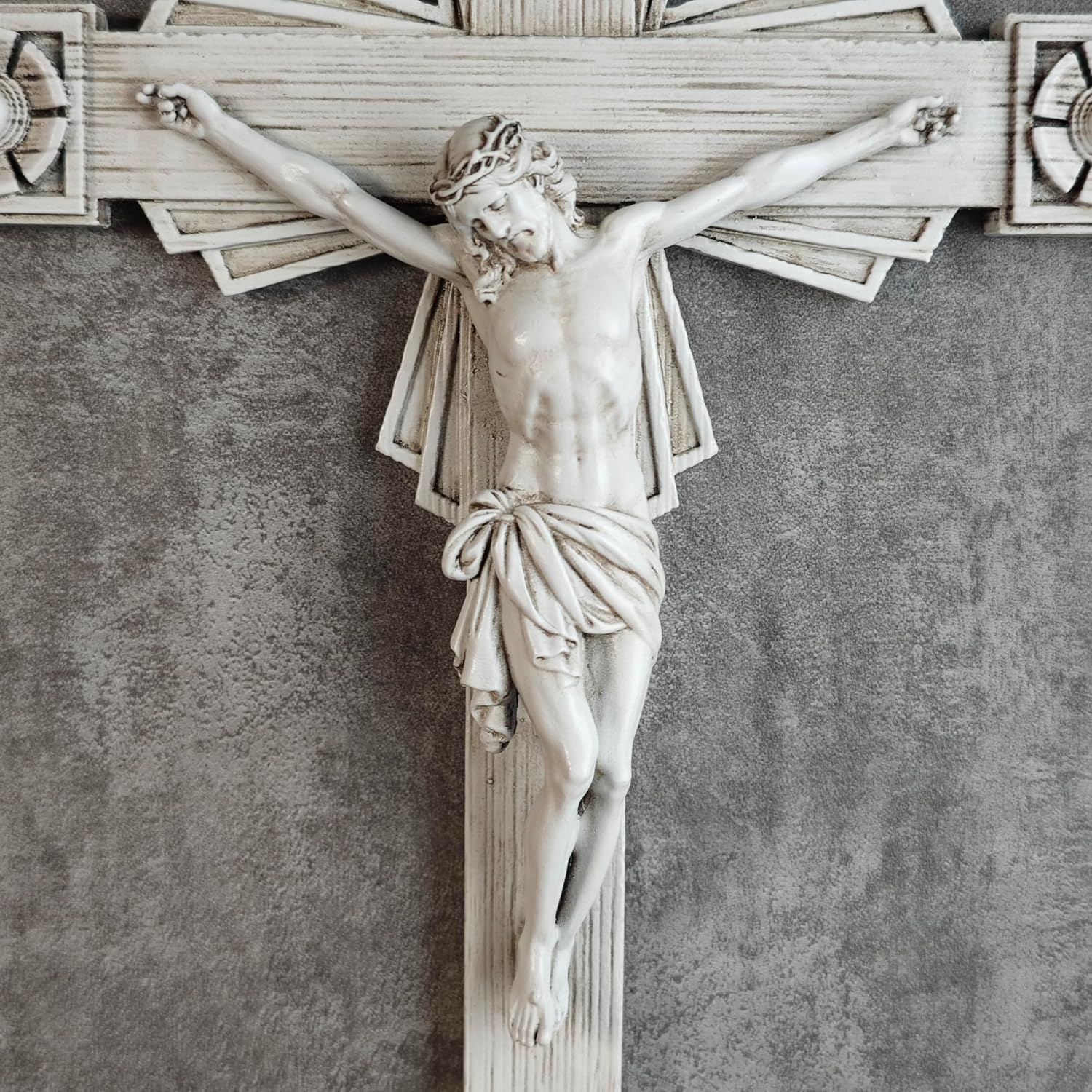 BC Catholic Crucifix Wall Cross, Jesus Christ Home Decor, Wood Carve Looking, Religious Gift, Grey White Finish, 12"H, Hand Painted by Buildclassic - Image 2