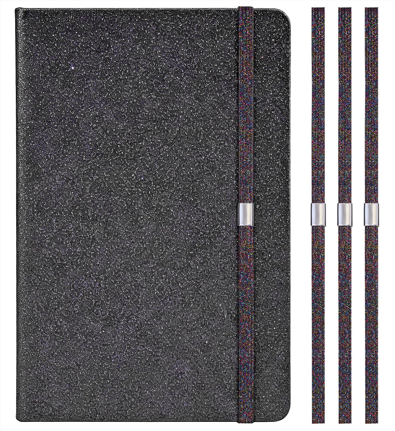 Elastic Planner Bands Book Page Markers for Hardcover Journal Notebook Book Lovers- Stretchy Closure Reading Straps, Fit Notebooks from 8" to 11” in Height, Pack of 4 (Glitter Black)