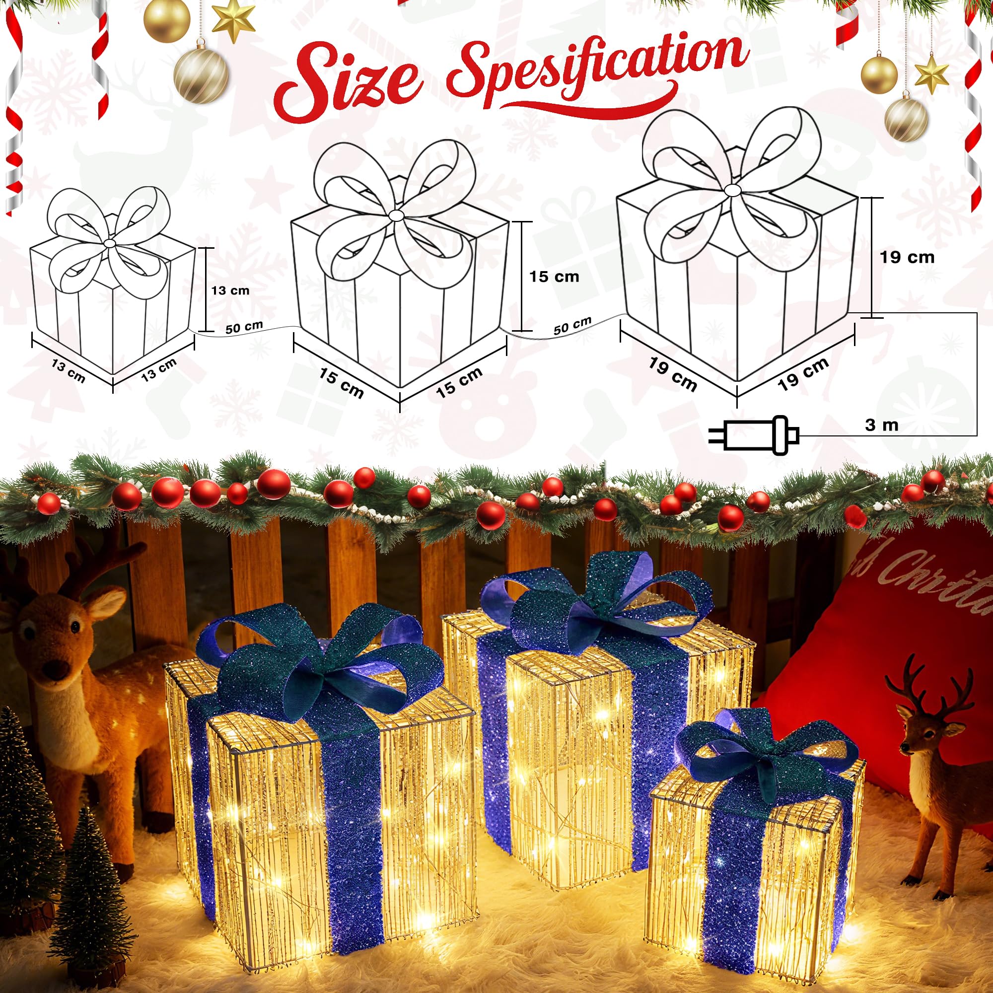 iBaycon Coffrets Cadeaux Lumineux De Noël,Blanc Chaud Lot De 3 Bleu | 140 Leds Coffrets Cadeaux Avec Minuterie Prise de Courant,Décorations De Noël ,Éclairage d'Extérieur Jardin Pelouse Cour