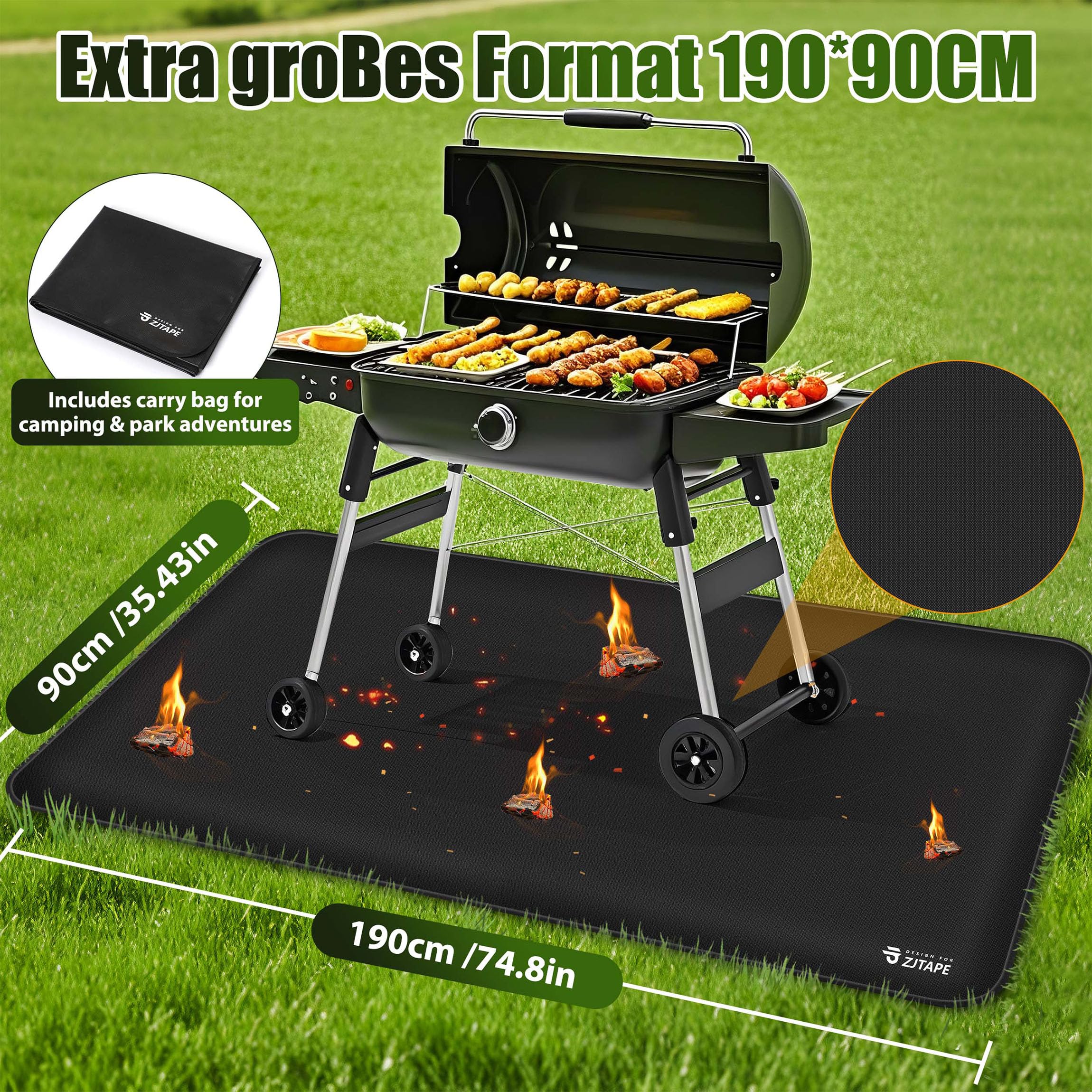 Base ignífuga para barbacoa, 190 x 90 cm, plegable, protección del suelo, fibra de vidrio de silicona, resistente al agua, para barbacoas, suelo, chimenea, césped y camping