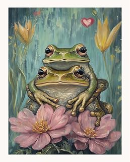 Personalized Pets and Peeps Frog Painting with Pink Flowers Canvas Wall Art Gifts for Nature Lovers Artwork for Animal Rustic Decor on Flat Rolled Canvas -Wall Art Prints for Decor, 8" x 10"