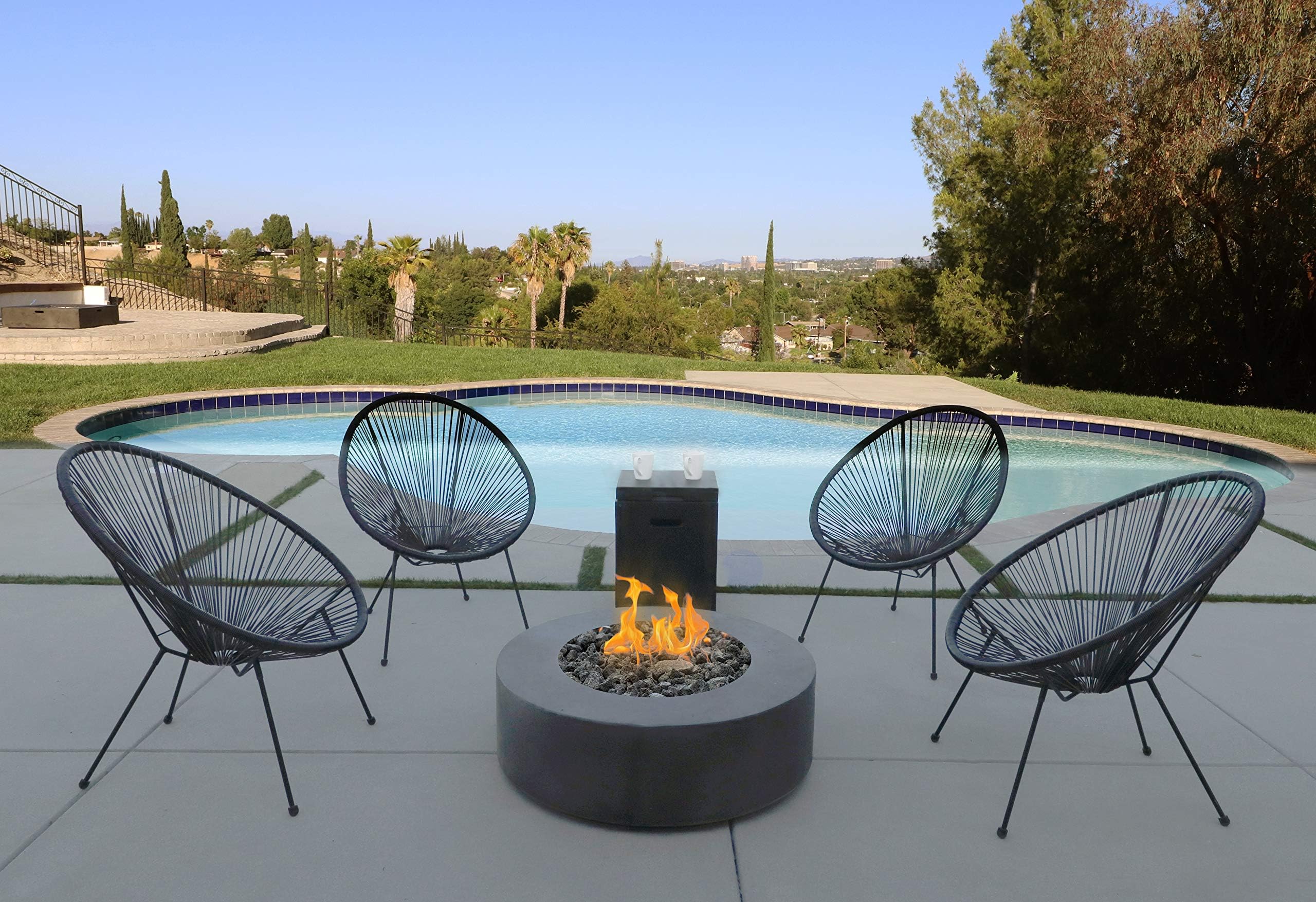 Acapulco Chair with Fire Pit, All-Weather Wicker Indoor/Outdoor Round Lounge Chair Set of Living Source International [CM-1048] (4 Chair with Round Firepit, Black)