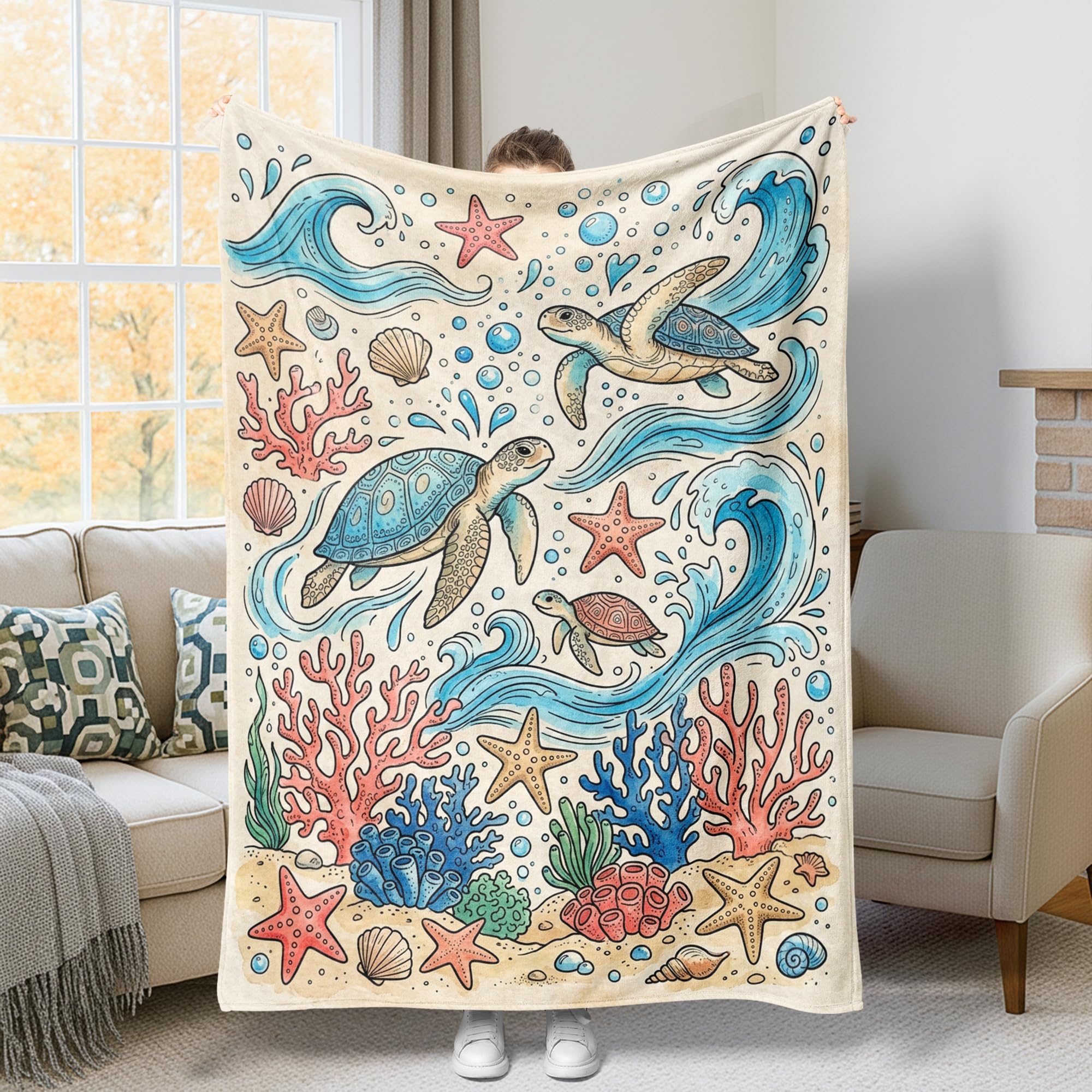 Couverture tortue pour canapé et lit bleu été plaid douceur 152x203 cm