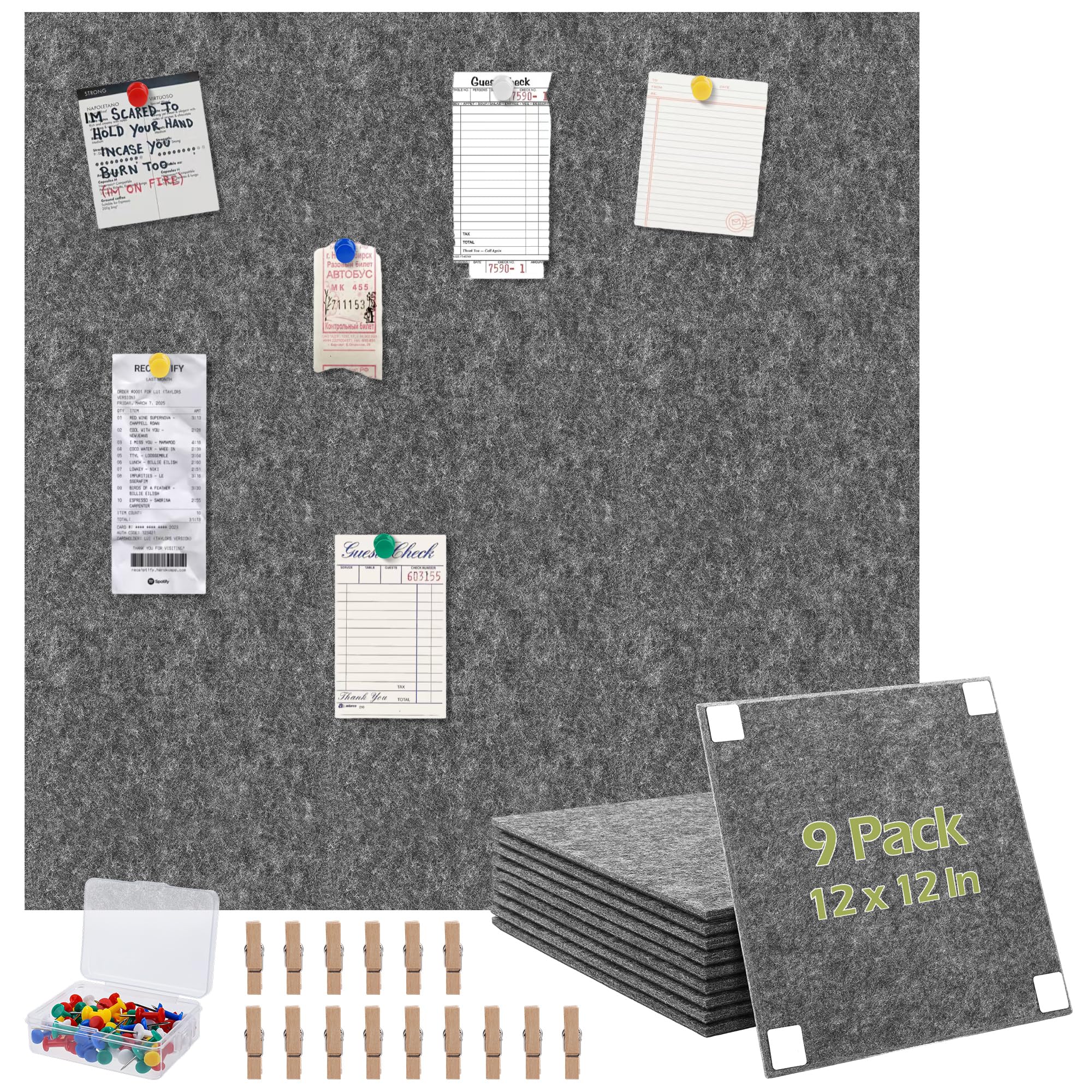 Aodaer 9 Pack Pin Board Tiles for Wall, 12 x 12 Inch Bulletin Pin Board, Cork Boards Office Home Decor, with 40 Double Sided Adhesive Dots 50 Pushpins 20 Clips, 9 mm Thick, Dark Gray