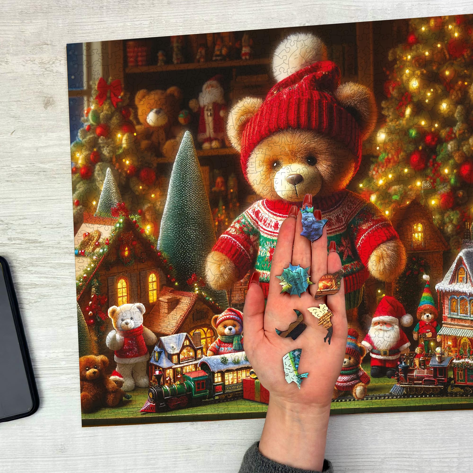 WOODEN.CITY Drewniane puzzle bożonarodzeniowe, 1000 elementów, świąteczny miś, ze 100 unikalnymi figurkami o tematyce świątecznej, wyprodukowano w UE, idealne do rodzinnej zabawy i świątecznego