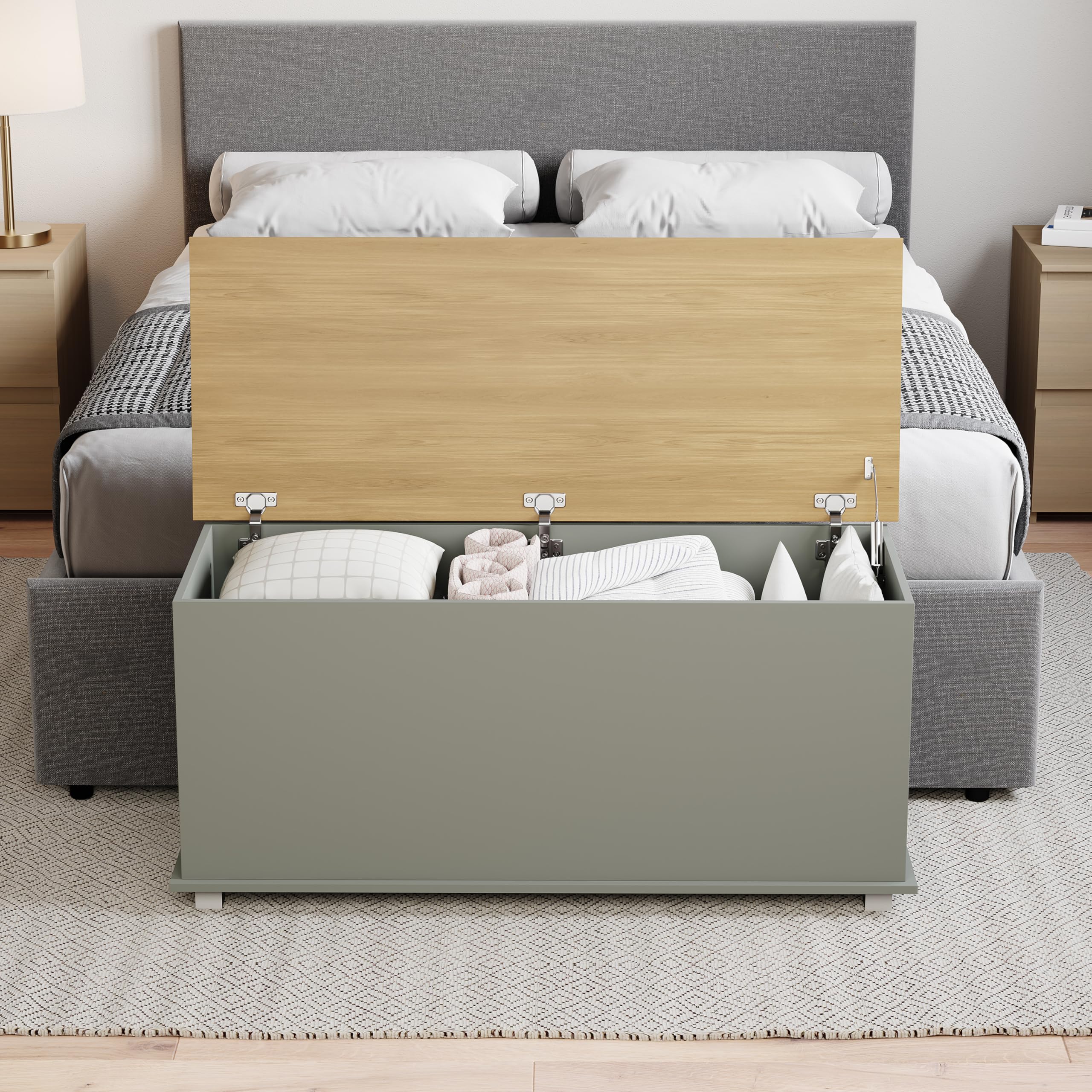 Vida Designs Otomana Arlington Storage, cómoda de madera con tapa, asiento, taburete, banco con ventana, mantas, ropa de cama, caja de juguetes, reposapiés, gris