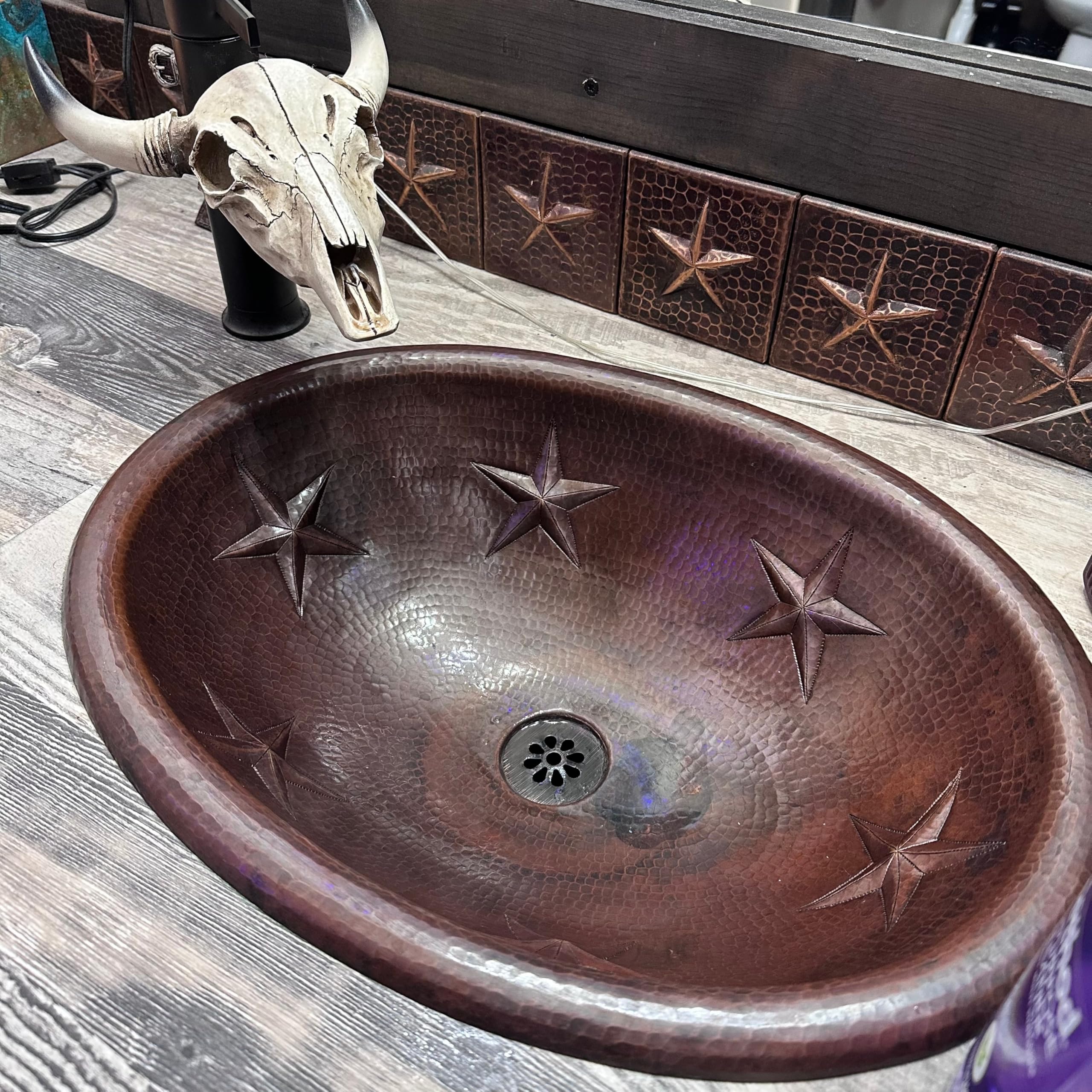 Simply Copper 19 Inch Oval Copper Bathroom Vanity Sink with Stars Design
