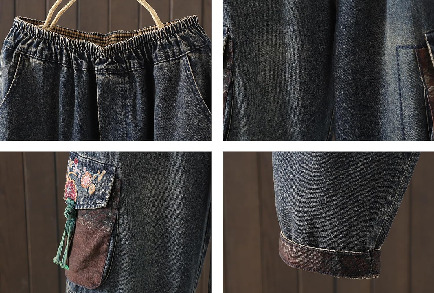 Women's Casual Denim Harem Jeans Loose Pants Elastic Waist Pull on Trendy with Pocket