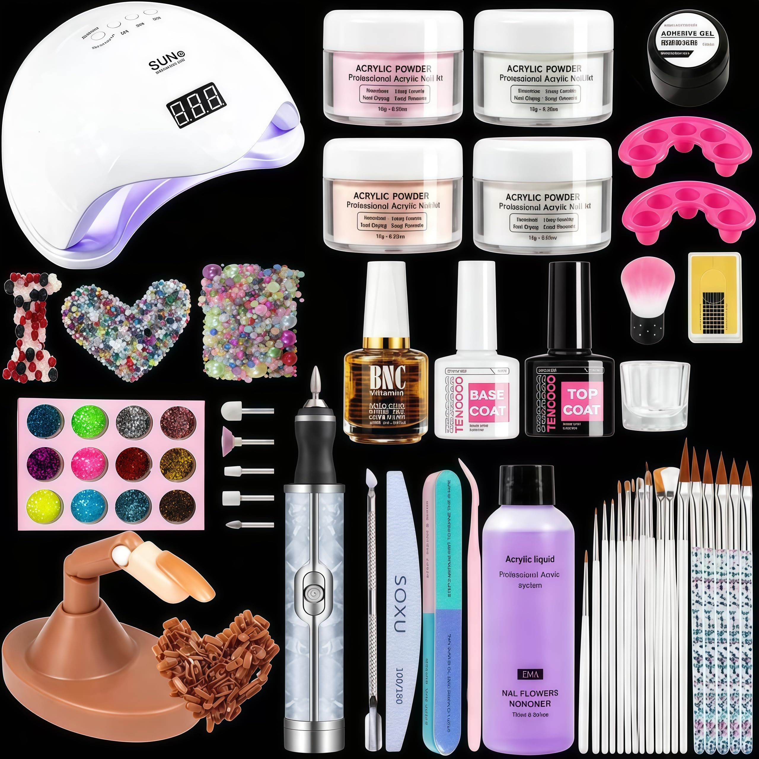 Kit per unghie acriliche in polvere acrilica: polvere acrilica per unghie in 4 colori, lampade UV e lima elettrica per unghie con pratica mano, set manicure per rimuovere le unghie in acrilico, 75 ml
