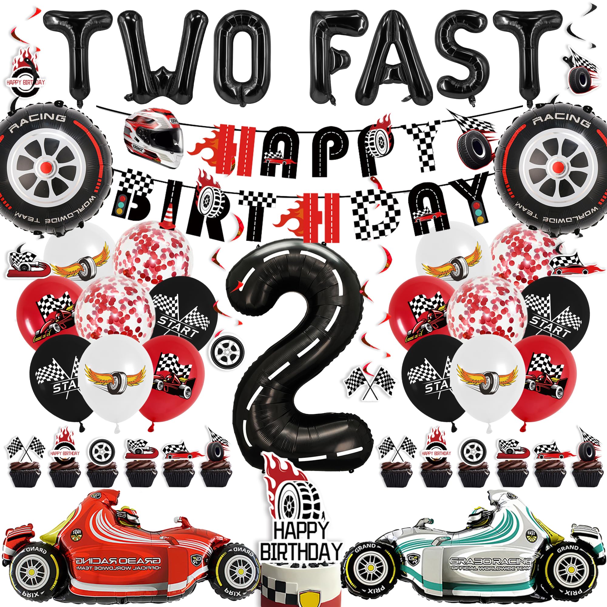 Two Fast Birthday Decorations Set - Car Birthday Decorations Includes Banners Hanging Swirls Cake Toppers Racing Foil Balloons Latex Balloons for Boys 2nd Birthday Party