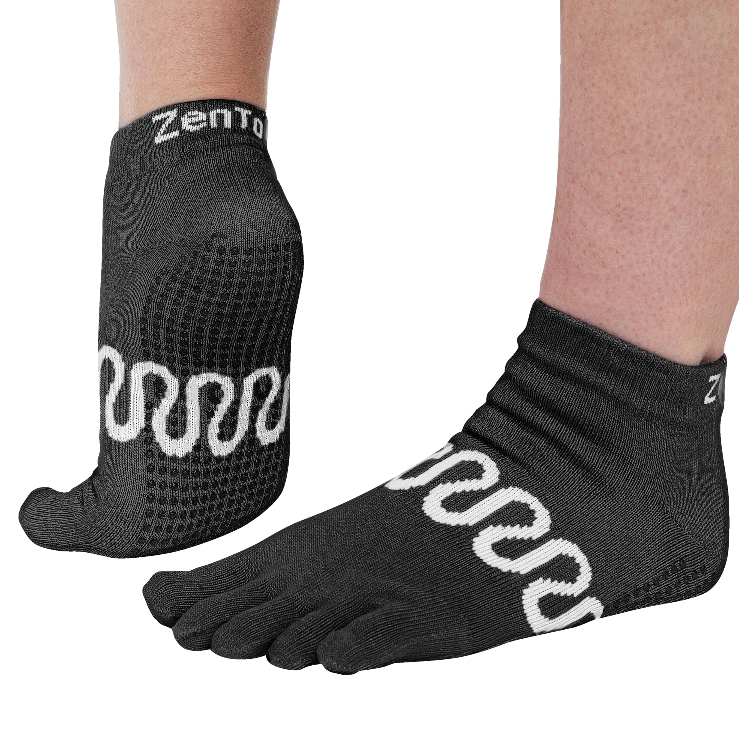 ZenToes Calcetines de pilates con agarres para mujer, antideslizantes, de algodón, con pinzas, para reducir el roce y la prevención de ampollas (L, negro)