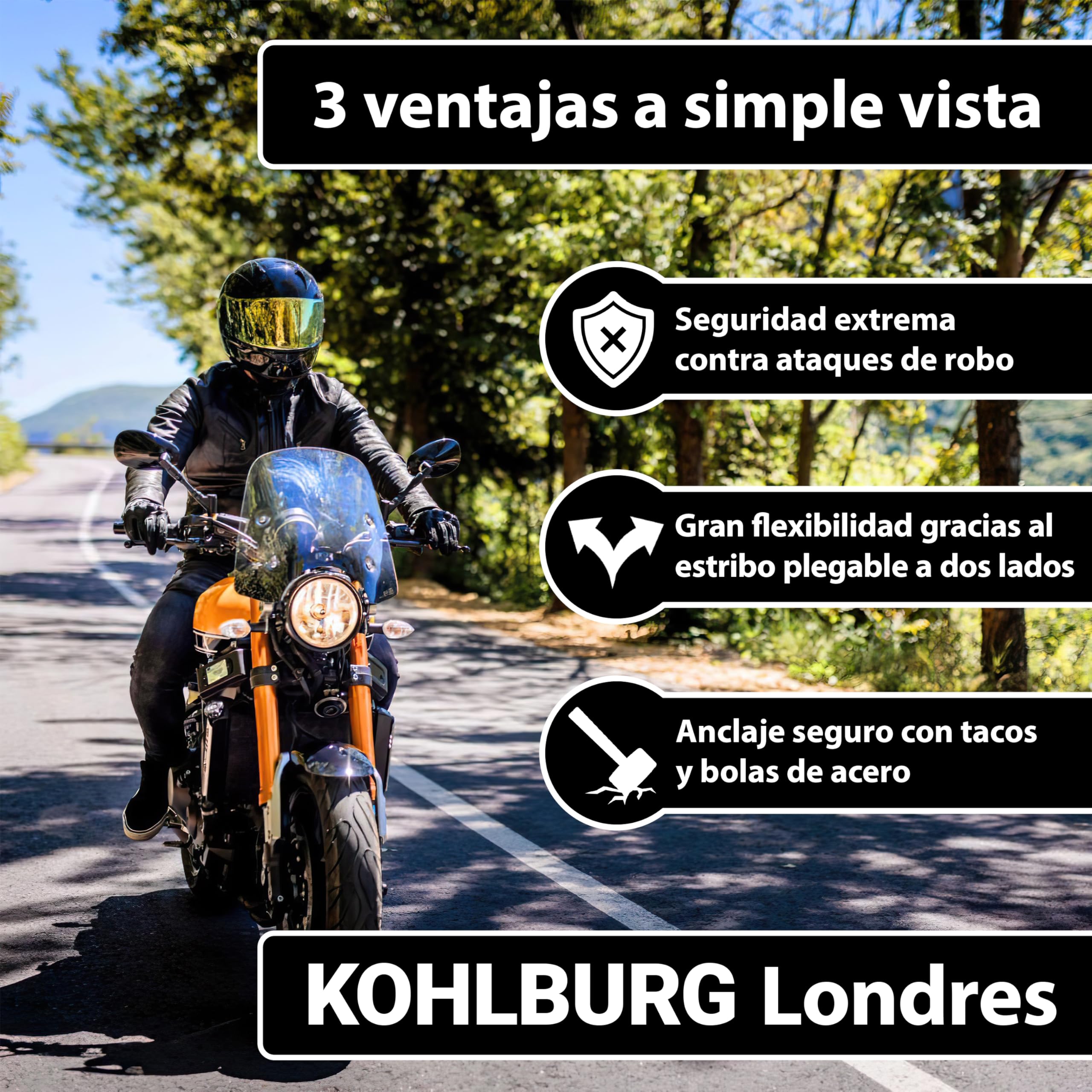 KOHLBURG anclaje de seguridad suelo y pared nivel de seguridad más alto, anclaje moto scooter e‑bike y bicicleta con arco de 14 mm en acero templado – antirrobo bici para pared y suelo sótano y garaje