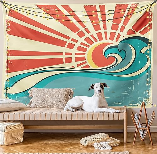 Miniatura 9 de Lunarable Tapiz de surf, estilo retro, mar ondulado con amanecer, ilustración de temporada de verano con efectos grunge, colgante de pared ancho