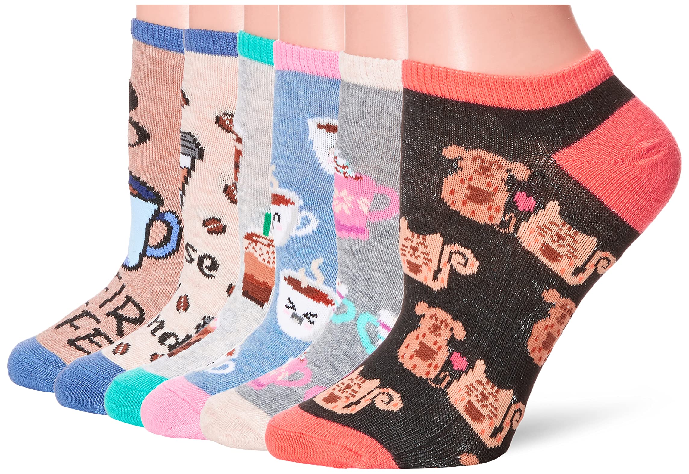 K. Bell Women's Fun Food & Drink Low Cut Socks-6 Pairs-Cool & Cute Novelty Gifts, Rise & Grind (Multicolor), 3.5-9 UK