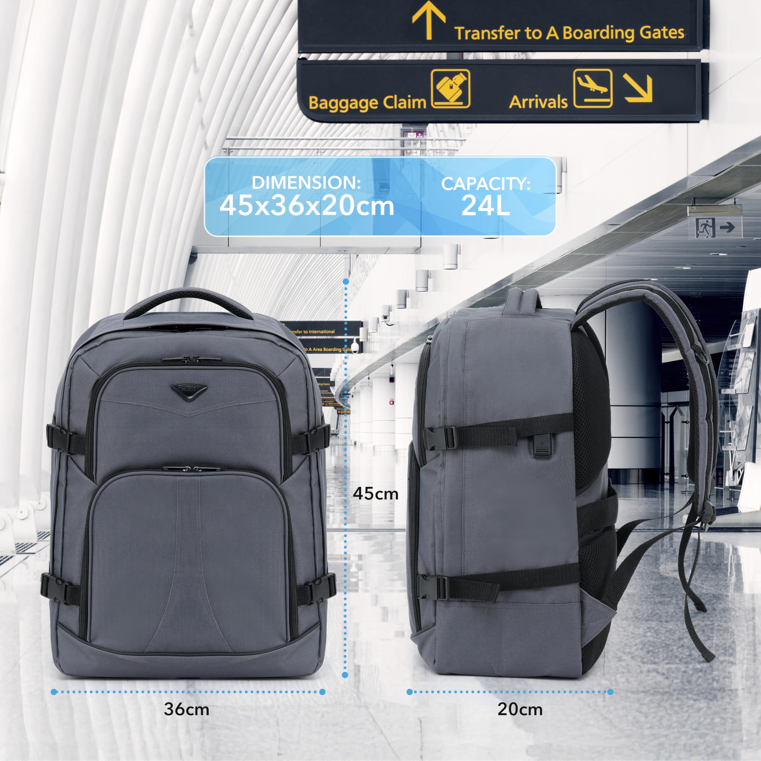 Flight Knight 45x36x20cm easyJet Free Carry On Backpack - Large 30 Liter Bag For Underseat Travelling USB Port Padded Comfortable Backpack - Carry On Luggage For easyJet, Ryanair, BA, Jet2 & More!