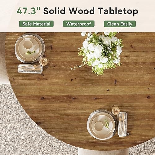 Miniatura 6 de Mesa de comedor de madera maciza de 47 pulgadas para 4-6, mesa de cocina redonda con patas de madera, muebles de cocina y comedor, color marrón