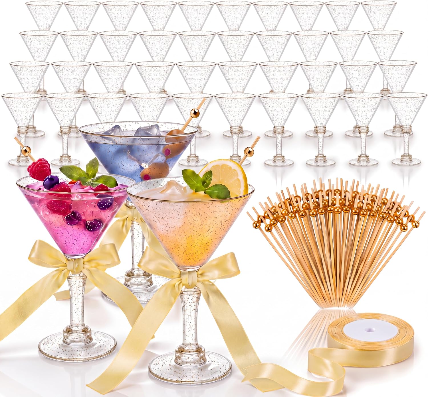 Patelai 50 Pack Gold Plastic Martini Glasses 5 oz Disposable Cocktail Glasses with 60 Pcs Cocktail Picks and Ribbon Roll Tall Stem Mini Martini Cups for Wedding Bridal Shower Party Supplies Decoration