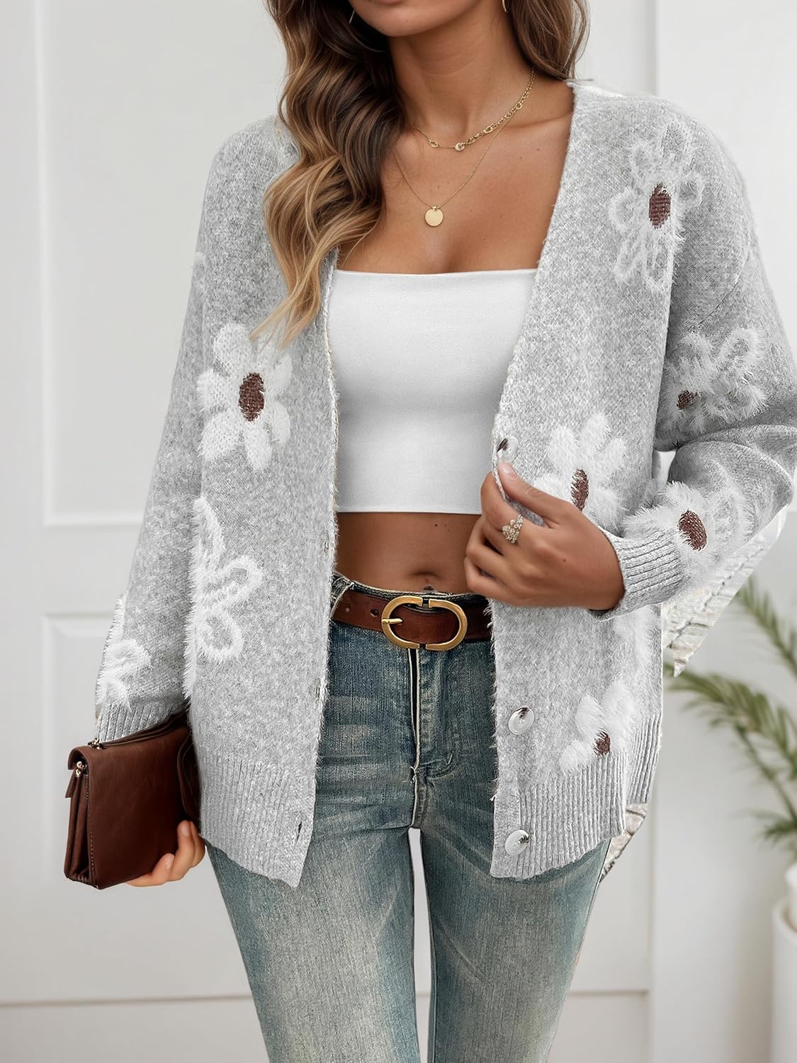 Women's Cardigans Casual Long Sleeve V-Neck Button Down Floral Sweaters Open Front Knit Outerwear - Image 5