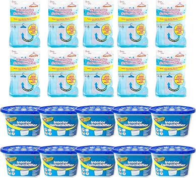 BARGAIN FACTORY Dehumidifier Combo Pack, 10x 500ml Interior Dehumidifier + 10x 210g Wardrobe Dehumidifier, Moisture Absorber for Home, Kitchen, Bedroom, Bathroom, Office, Garage, Caravan, Basement