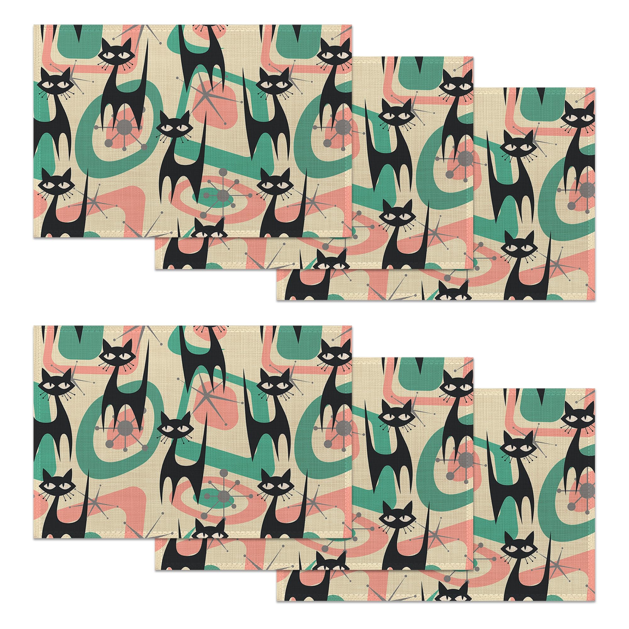 Black Cats Stars Placemats Set of 6,Mid Century Placemats Washable Kitchen Dining Linen Table Mats Stain Heat-Resistant for Home Party Indoor 12x18 inch