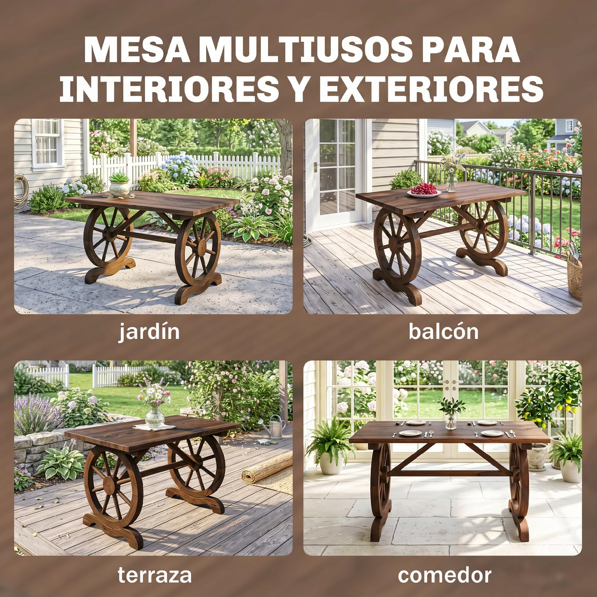 Outsunny Mesa de Jardín de Madera con Patas en Forma de Rueda, Mesa de Terraza Exterior, 110x60x65 cm, Carga Máxima 100 kg, para Patio, Exterior, Madera Carbonizada