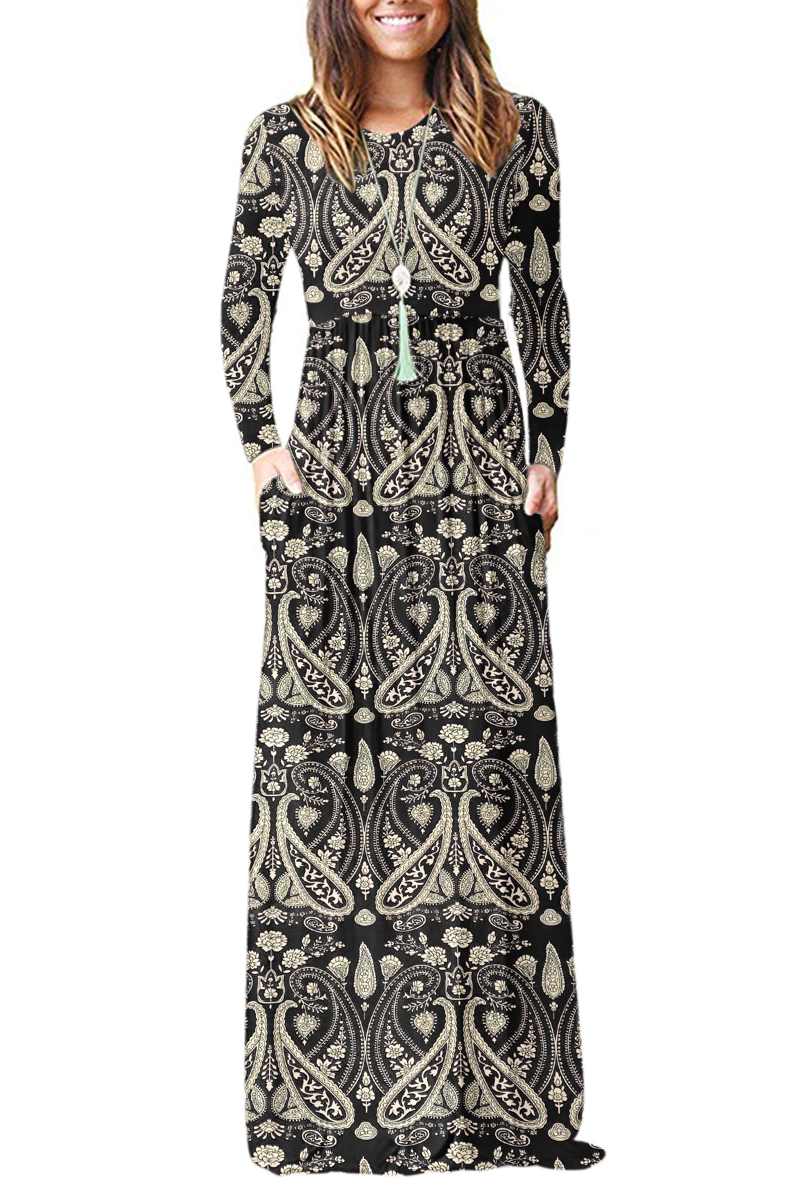 Auselily Women's Boho Floral Black Casual Long Sleeve Maxi Dress Loose Long Dresses With Pockets Xl
