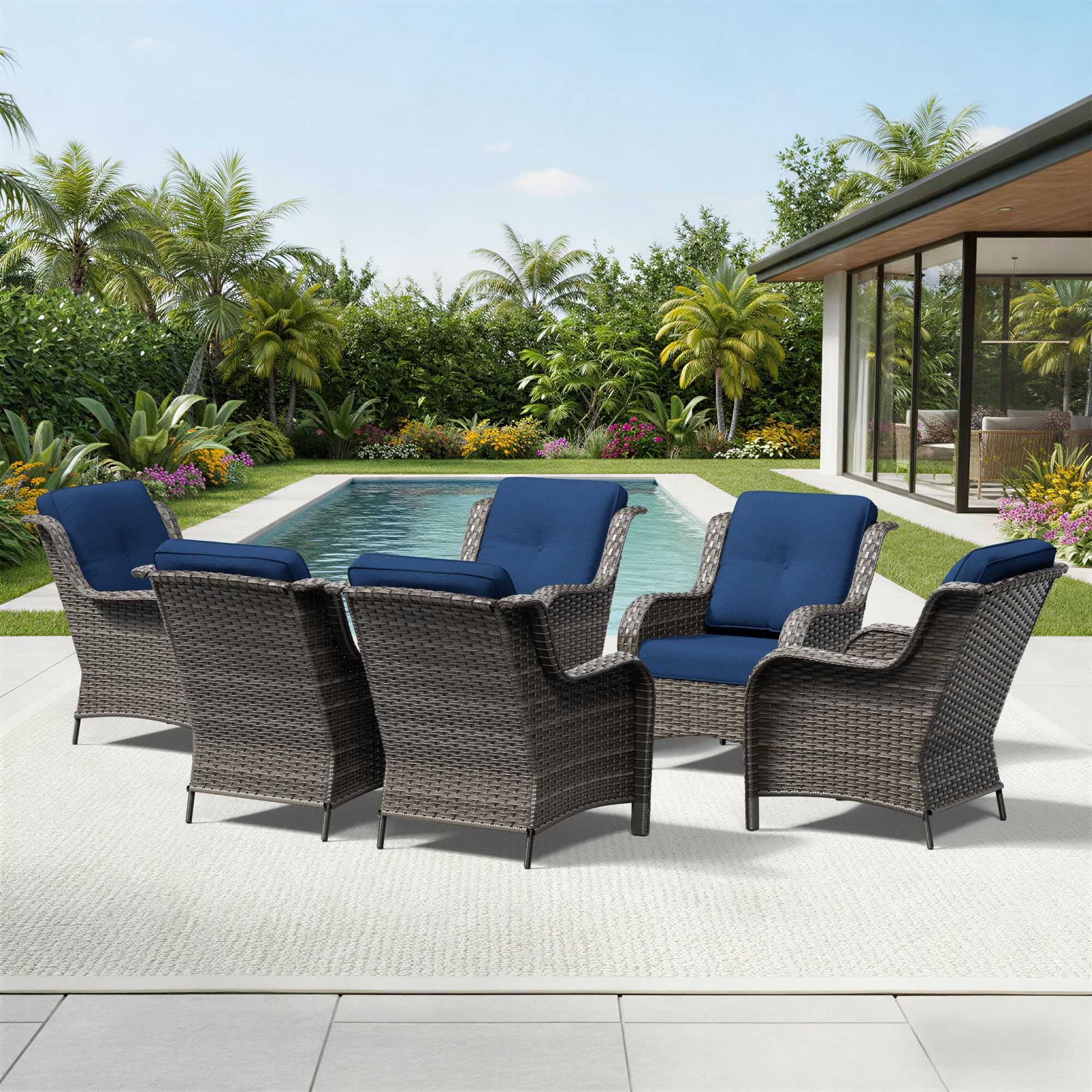 Joyside 6 Piece Wicker Patio Furniture Set, Rattan Patio Chairs with High Back, Deep Seating, Wide Armrest, Thickened Cushions, Outdoor Furniture for Deck, Porch Use