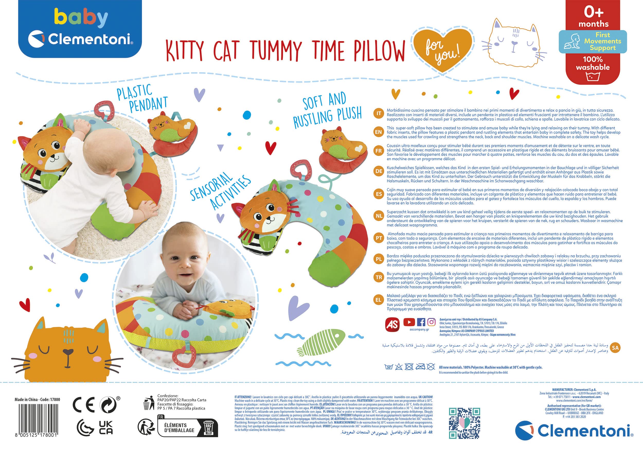Baby Clementoni For You - Kitty Cat Cuscino Tummy Time, Gatto Peluche per Neonato 0+ Mesi, Supporta lo Sviluppo Sensoriale e Muscolare e il Gattonamento, Lavabile in Lavatrice, 17800