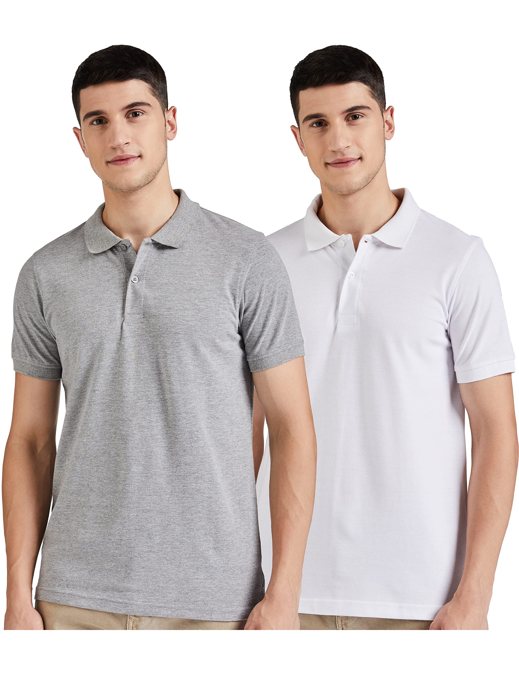 Amazon Brand - Symbol Men's Cotton Rich Polo T Shirt | Collar Tshirts | Half Sleeves | Plain (Combo Pack of 2) - Regular Fit (White & Mid Grey Melange_S)