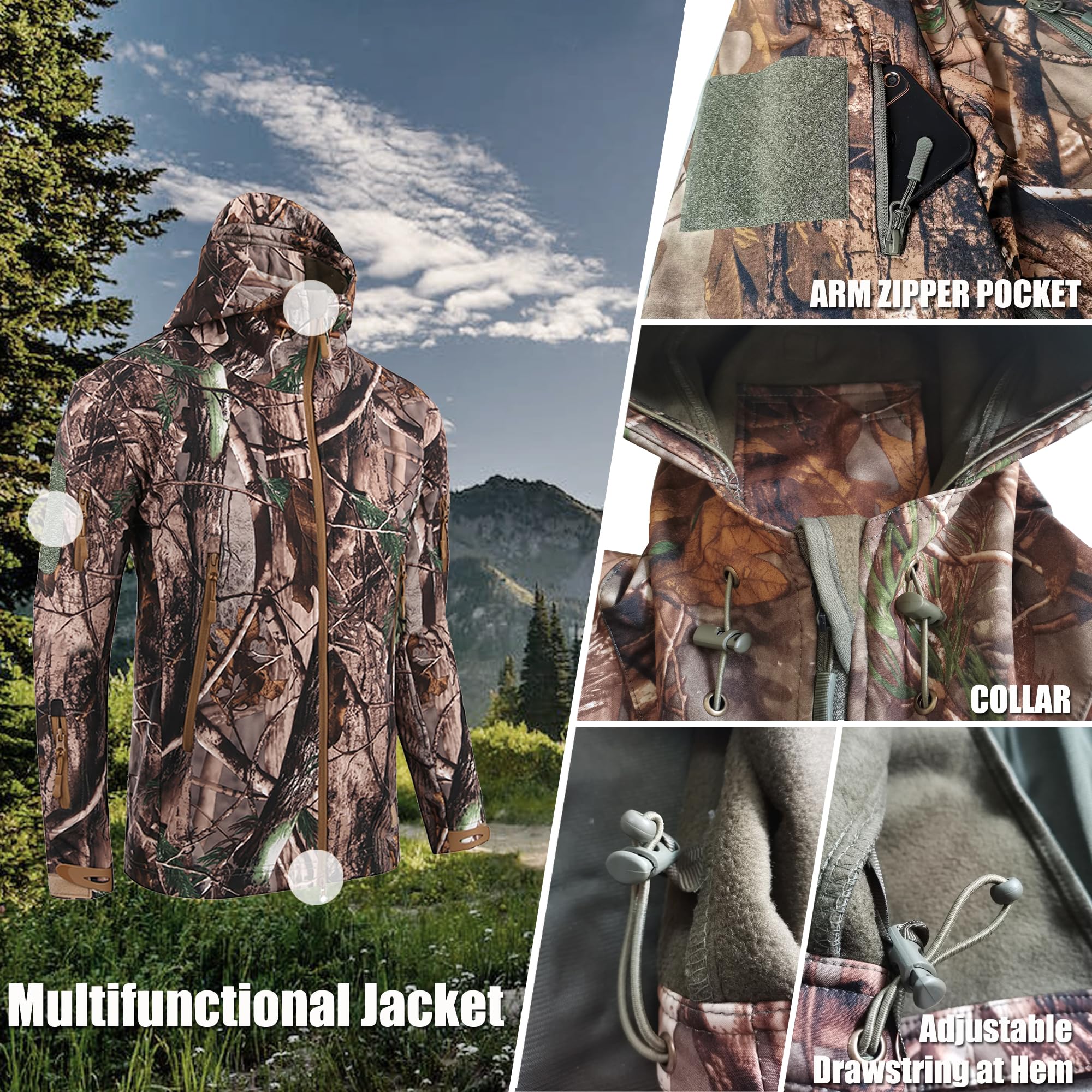 Kelmon Uomo Tattico Softshell Giacca Multifunzionale Outdoor Camouflage Militare Pile Fodera Impermeabile Antivento Calda Cappuccio Cappotto