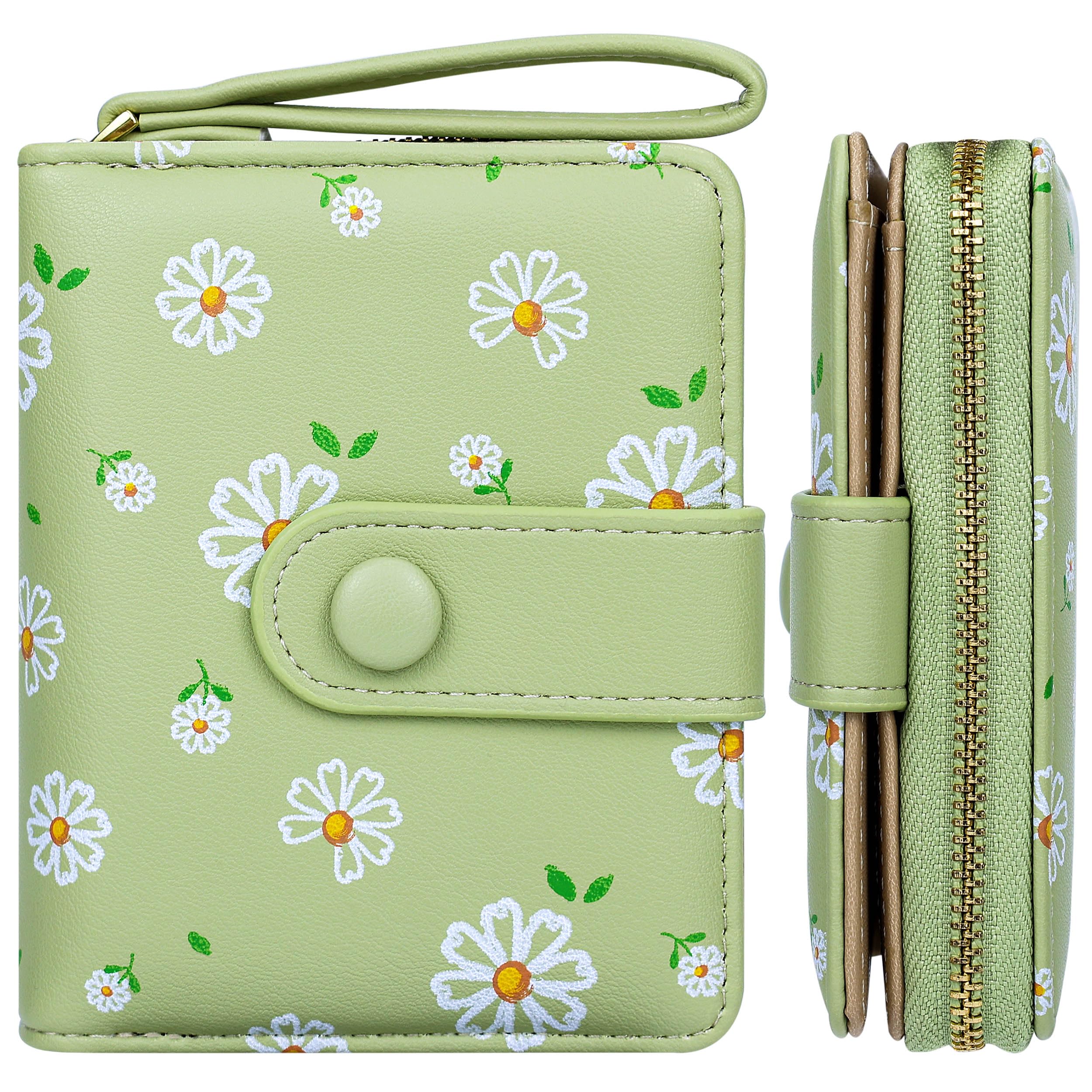 Farcauo Womens Wallet Cute Small Wallets for Women Kawaii Women's Wallet Green Flower Card Wallets for Women Ladies
